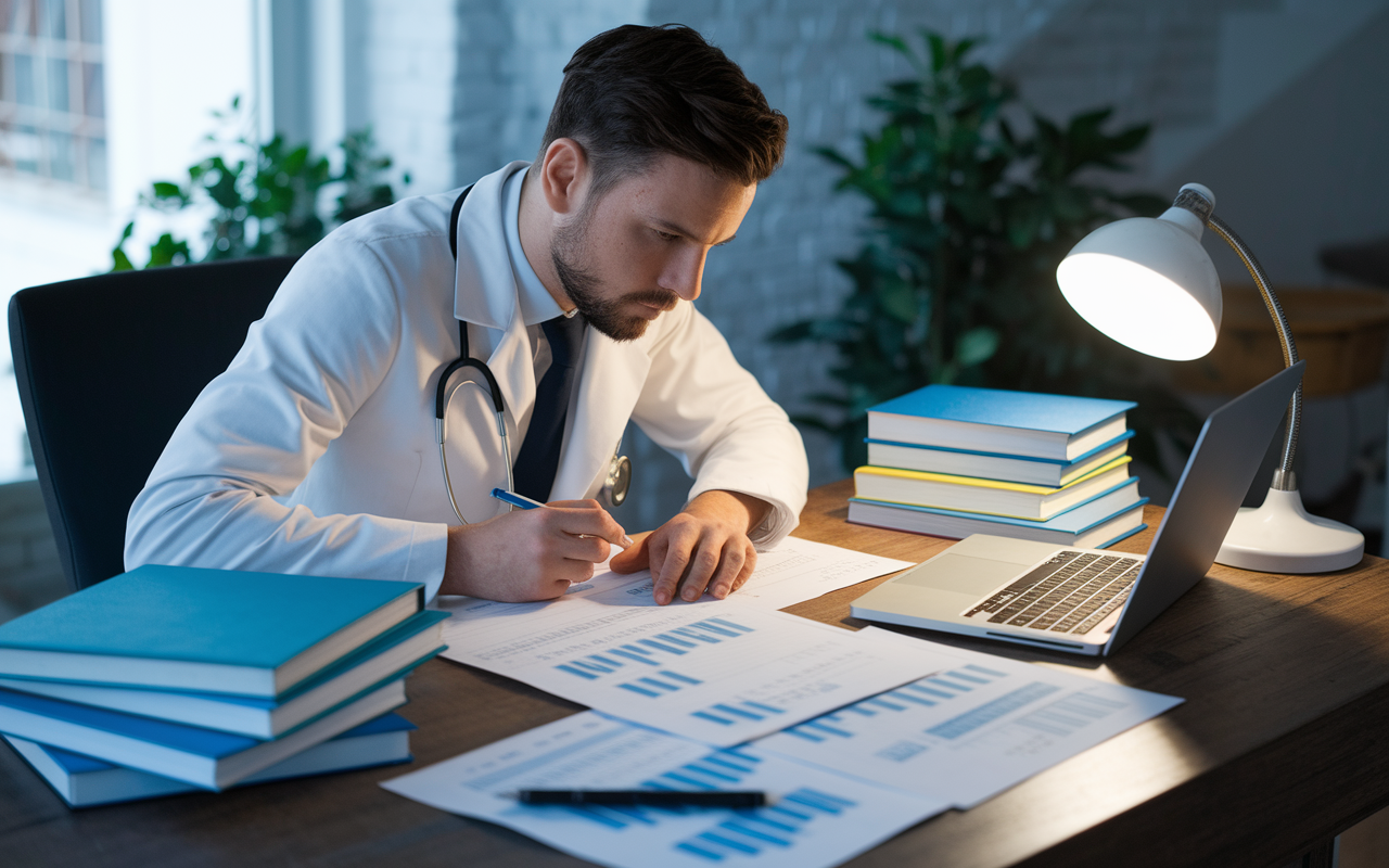 A focused medical writer working in a modern home office, surrounded by medical books and a laptop. The writer is typing intensely, with charts and drafts spread across a wooden desk. Soft, warm lighting from a desk lamp creates a cozy ambiance, reflecting dedication and creativity in the writing process. A potted plant in the background adds a touch of liveliness to the scene.