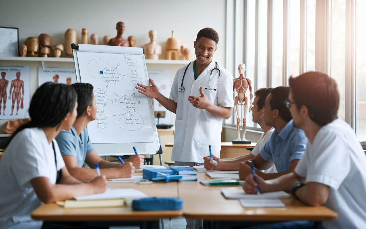 A medical student tutoring underclassmen in a bright, inviting classroom, filled with anatomical models and educational posters. The student is enthusiastically explaining medical concepts, using a whiteboard filled with diagrams. The atmosphere is one of learning and collaboration, with attentive students taking notes, illuminated by natural light streaming through large windows.