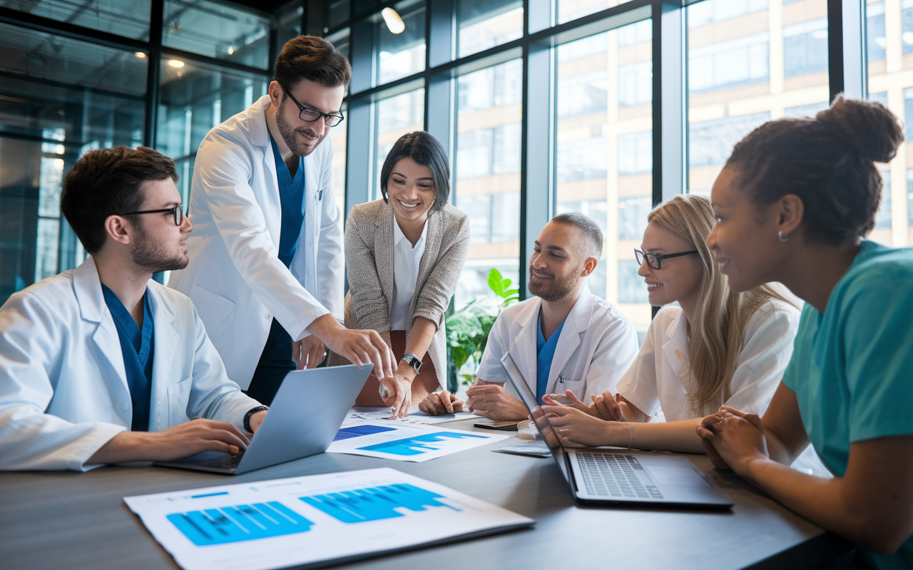 A group of diverse medical students brainstorming around a conference table in a modern startup office. Laptops open with graphs and app designs on the screens, illustrating innovation in mobile health applications. Bright, contemporary decor enhances the energy of collaboration and forward-thinking in this bustling environment.