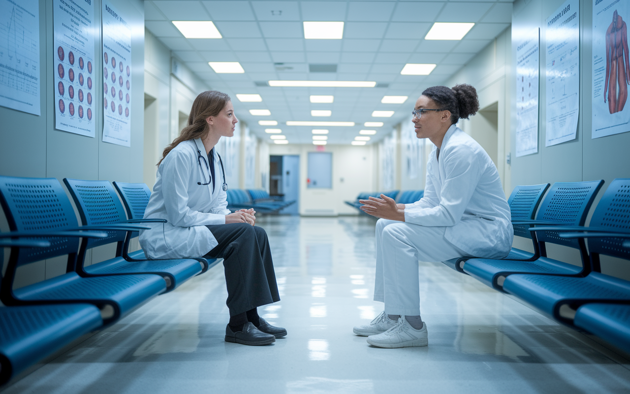 A medical student sitting in a clean, modern research facility waiting room, engaged in a conversation with a researcher. Charts and medical posters adorn the walls, while a sense of professionalism fills the air. Soft, ambient lighting creates a calm atmosphere, reflecting the important work being conducted in medical research.