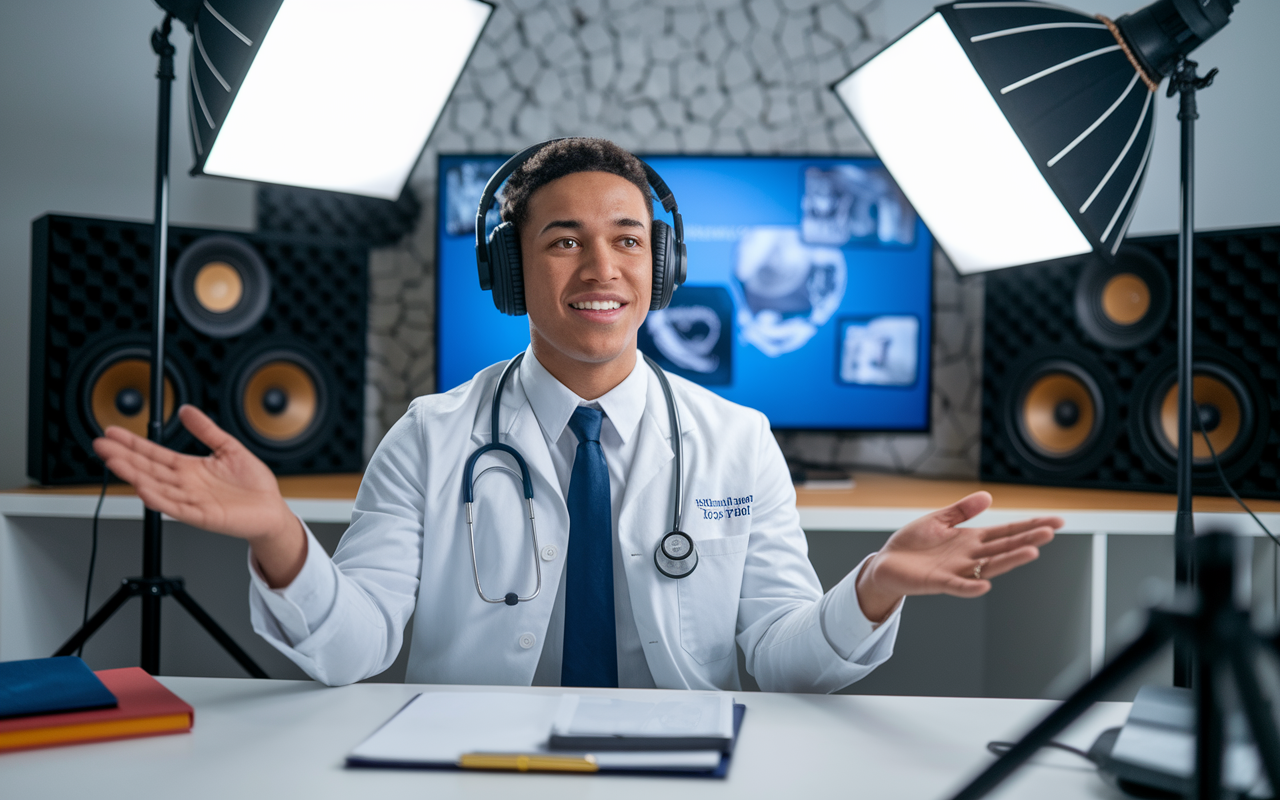 A medical student recording a video lecture in a home studio, equipped with professional lighting and audio equipment. The student is animatedly explaining complex medical topics, with visual aids displayed on a screen behind them. The backdrop is thoughtfully organized to reflect a focus on education and professionalism.