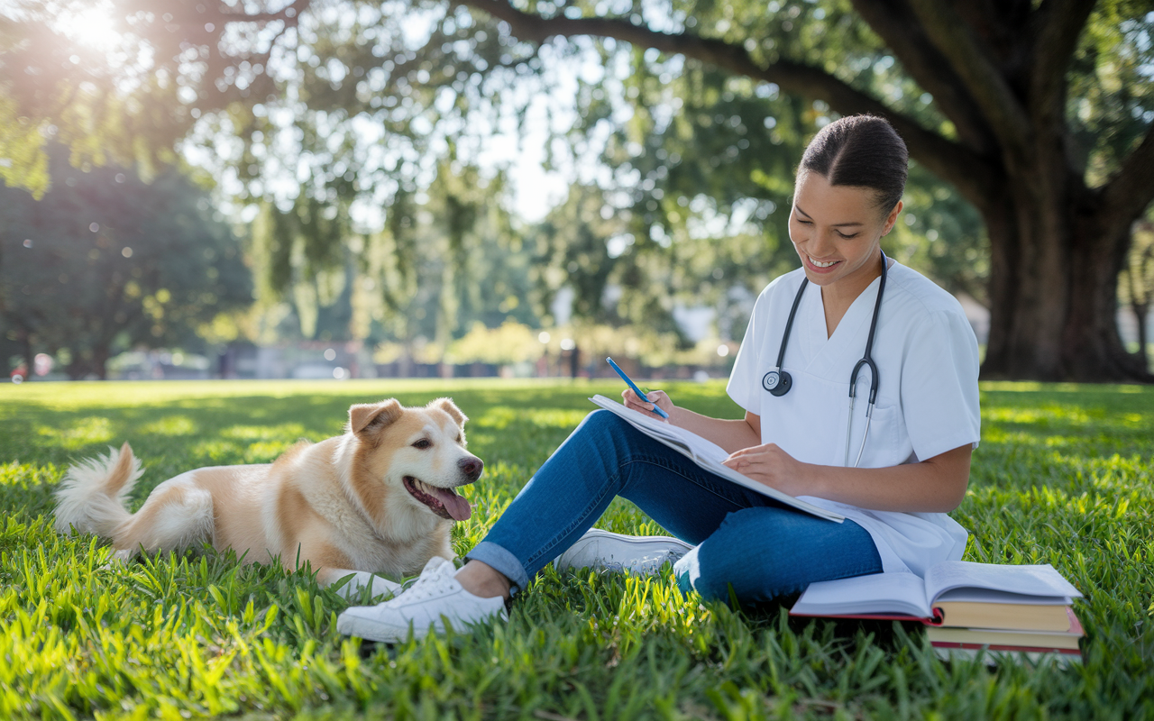 A relaxed scene of a medical student studying with books open beside them while a playful dog lies beside their feet at a sunny park. The student is smiling and engaged with their notes, showcasing a harmonious balance between study and leisure in a vibrant, green environment.