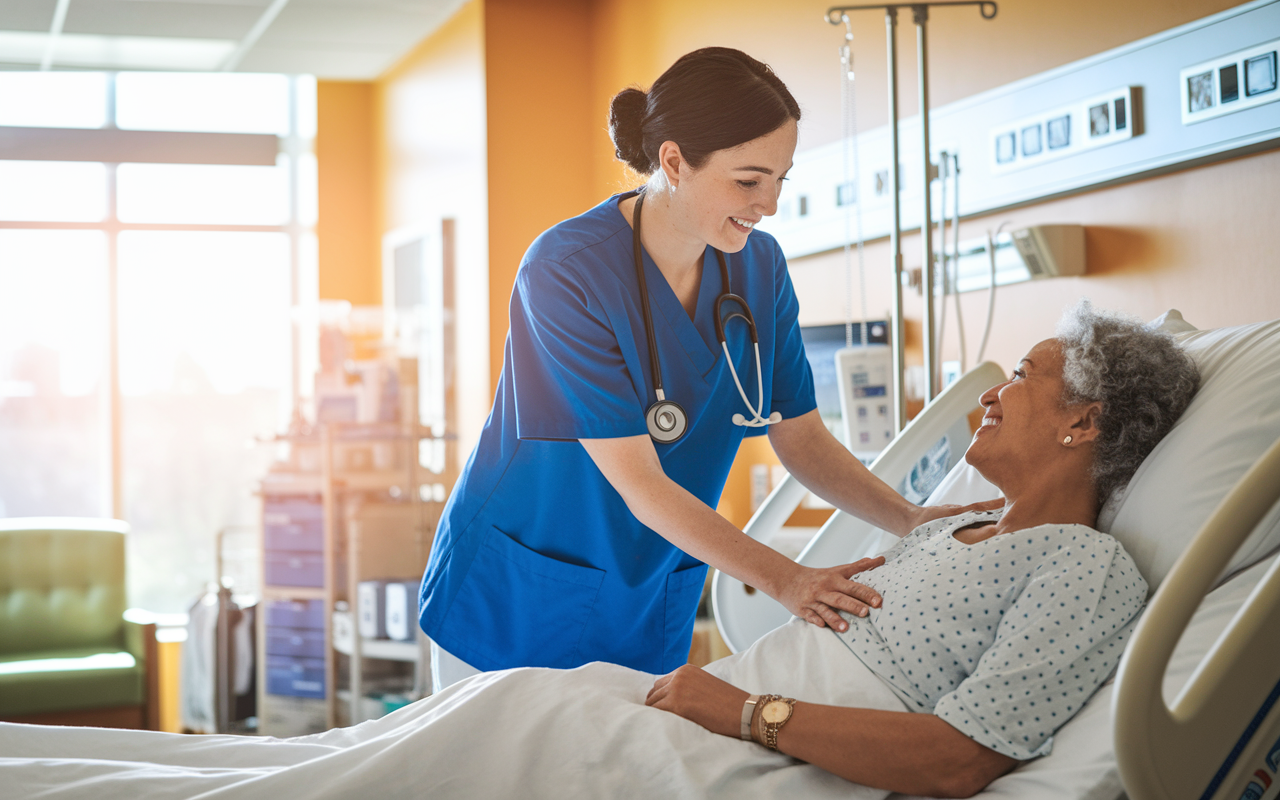 A compassionate nursing assistant helping a patient in a bright hospital room, filled with medical equipment and warm-colored walls. The assistant is gently assisting with daily activities, conveying a sense of care and professionalism. Natural light floods the room, creating a comforting and optimistic atmosphere.