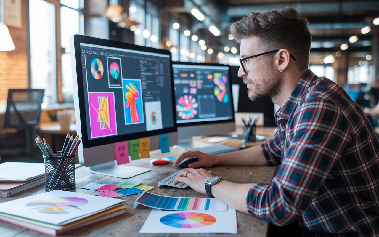 A creative graphic designer working in a trendy co-working space, intently designing on a computer. Multiple monitors display vibrant designs while art supplies and sketches are scattered around the workspace, reflecting a creative, bustling environment filled with collaboration and inspiration.