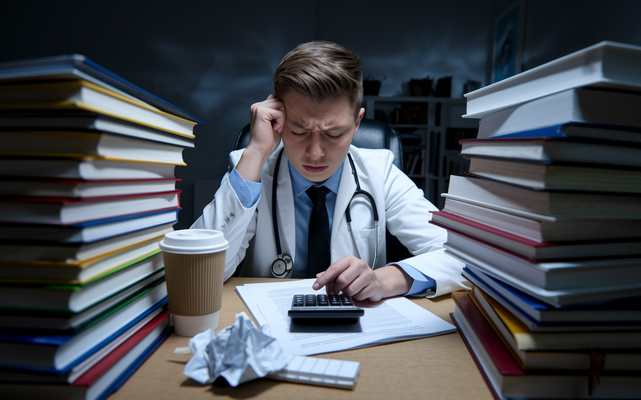 A close-up shot of a anxious medical student sitting at a desk piled high with loan documents and textbooks, looking stressed as they calculate their total debt on a calculator. The room is dimly lit, reflecting the weight of financial pressure, with a coffee cup and crumpled notes around them, emphasizing the overwhelming nature of student loans.