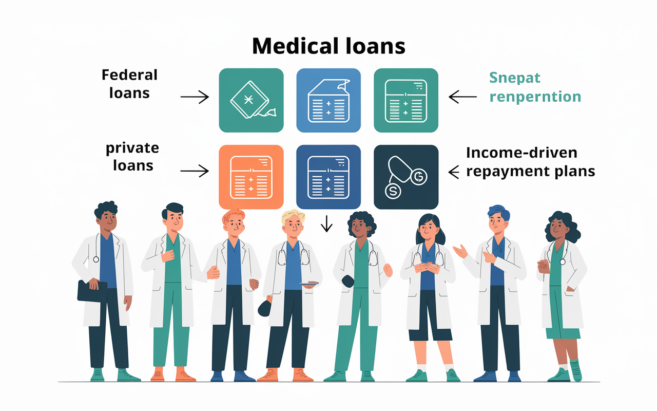 An illustrative diagram on a whiteboard displaying different types of medical loans, with arrows pointing to descriptions like 'Federal Loans', 'Private Loans', and 'Income-Driven Repayment Plans'. A small group of medical students stands near it, discussing and pointing out critical information, showcasing a collaborative learning environment.