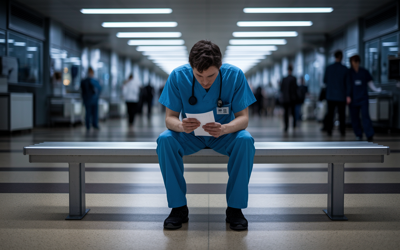 A somber image of a medical professional sitting alone on a hospital bench, looking worried and distressed, with a notepad of bills in hand. The hospital background is busy, yet the individual feels isolated, reflecting the mental toll that financial strain can have on healthcare workers. Soft shadows and muted colors amplify the emotion.