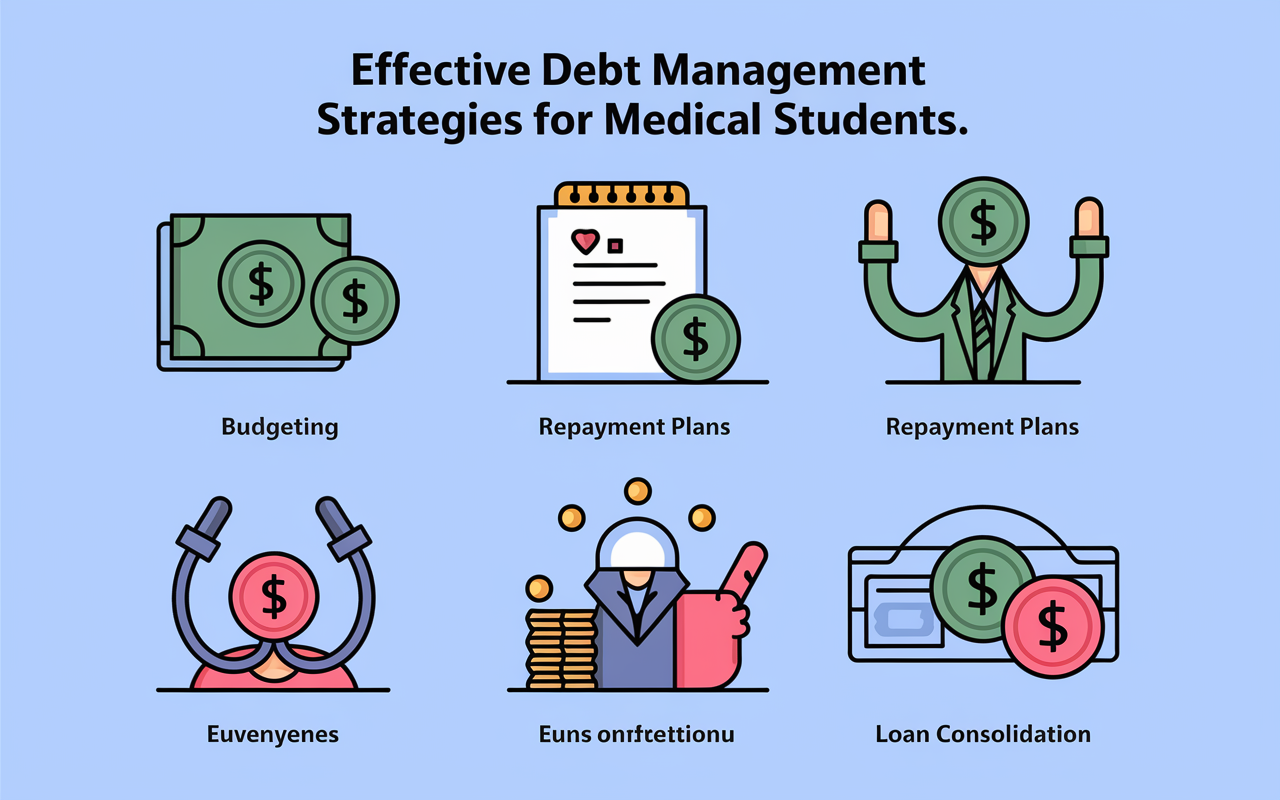 An infographic illustrating effective debt management strategies for medical students, featuring icons for budgeting, repayment plans, and loan consolidation. The graphic is visually appealing, with bright colors and easy-to-read fonts, making complex information accessible and clear.