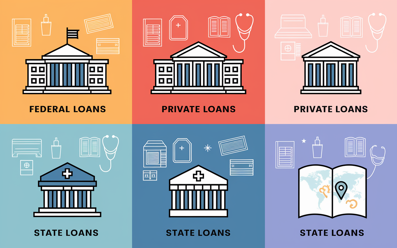 An infographic-style illustration depicting various types of medical school loans. Each type—Federal Loans, Private Loans, and State Loans—is represented by distinct icons: for federal, a government building; for private, a bank; for state loans, a map with highlighted areas. The background features soft pastel colors and subtle educational motifs like textbooks and stethoscopes, creating an informative, engaging visual.