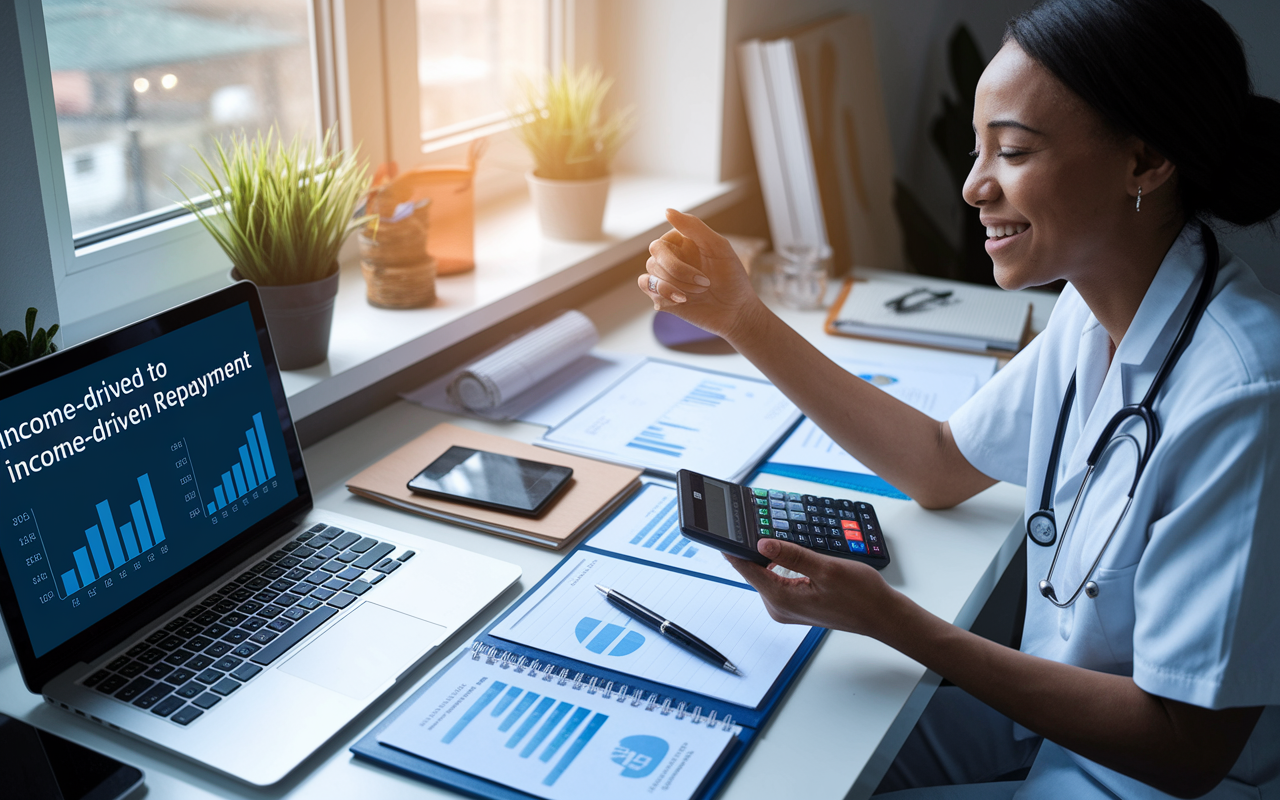 A dynamic scene illustrating a medical professional calculating repayment plans at a modern workstation. The desk is filled with financial documents, a calculator, and a laptop displaying graphs related to income-driven repayment. A window lets in natural light, casting a hopeful glow over the workspace as the medical professional, appearing relieved and hopeful, considers their financial future. The atmosphere captivates dedication and strategic planning amidst the complexities of student loans.