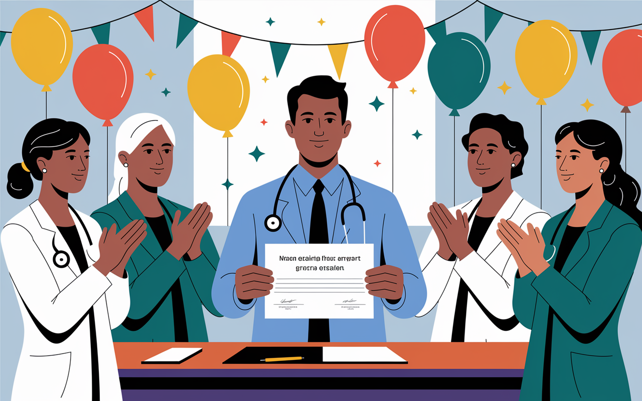 A creative illustration showcasing a healthcare professional receiving a grant award in a celebratory environment. The scene captures a ceremony with colleagues applauding. The professional holds a certificate, symbolizing financial support for education, with colorful balloons and banners in the background representing hope and success. The lighting is bright and cheerful, emphasizing the positive impact of grants on medical professionals.