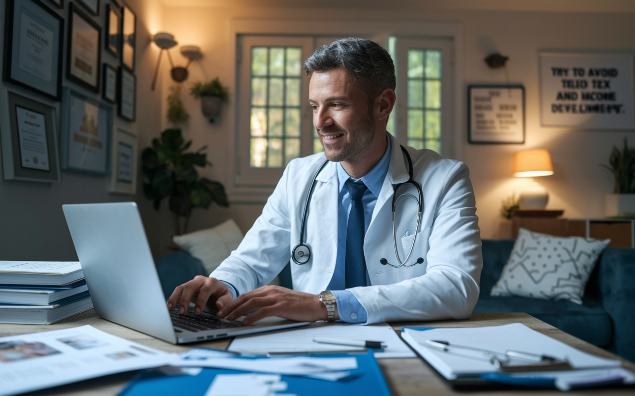 A medical professional in a cozy home office setting, engaging in telemedicine on a laptop. Papers and medical textbooks are scattered around, and the room is filled with soft, warm lighting. The individual appears confident and focused while discussing with a patient remotely. Personal touches like certificates and inspirational quotes adorn the walls, creating an inviting atmosphere conducive to productive work and side income development.