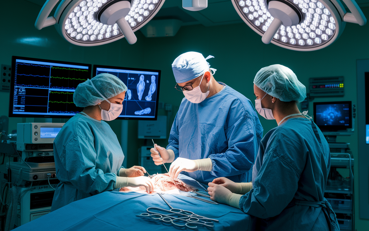 An orthopedic surgeon in full scrubs and mask, performing a complex surgical procedure in a well-lit operating theater. The scene captures the intensity and focus in the surgeon’s eyes, surrounded by nursing staff and advanced surgical equipment. Bright overhead lights enhance the sterile environment, while monitors display critical data, illustrating high-stakes healthcare.