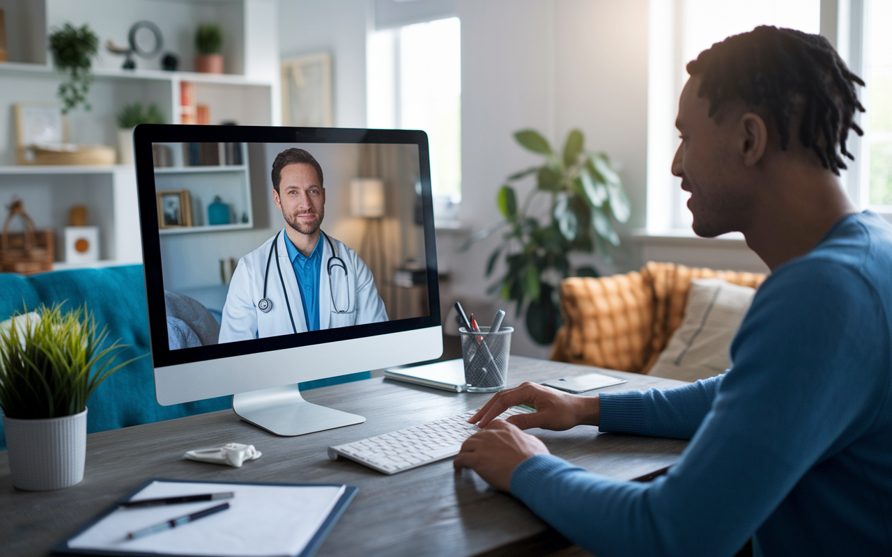 A dynamic telemedicine consultation scene featuring a physician on a computer screen engaging with a patient from the comfort of their home. The room is cozy with personal touches, reflecting a modern healthcare approach. The physician appears professional yet approachable, as they discuss medical concerns, showcasing the fusion of technology and personalized care in a bright, inviting environment.