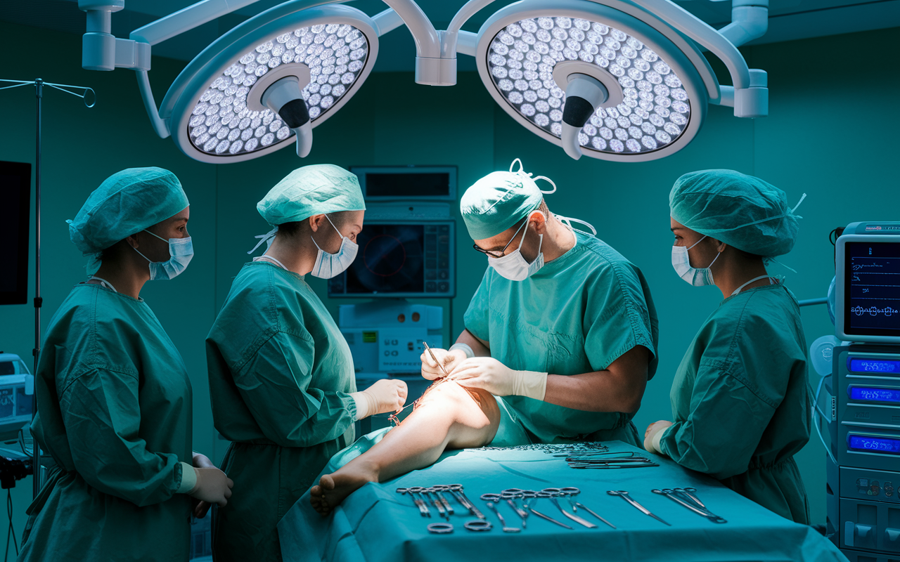 An orthopedic surgeon performing a complex knee surgery in a state-of-the-art operating room, surrounded by focused surgical assistants. The room is bright with overhead surgical lighting and equipment, showcasing advanced technology. The surgeon, wearing green scrubs and a surgical mask, is concentrating intently on the operation, illustrating the high-stakes nature of the work. Realistic details of the medical instruments and the patient's setup enhance the scene.