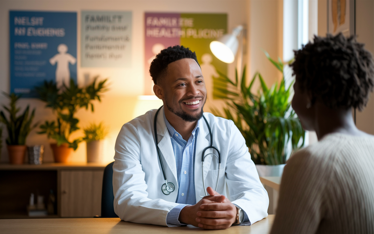 A family physician in a cozy office setting, attentively listening to a patient narrating their health concerns. The office features warm lighting, family health posters, and plants, creating a welcoming atmosphere. The doctor appears approachable and caring, embodying the trust-filled doctor-patient relationship fundamental to family medicine.