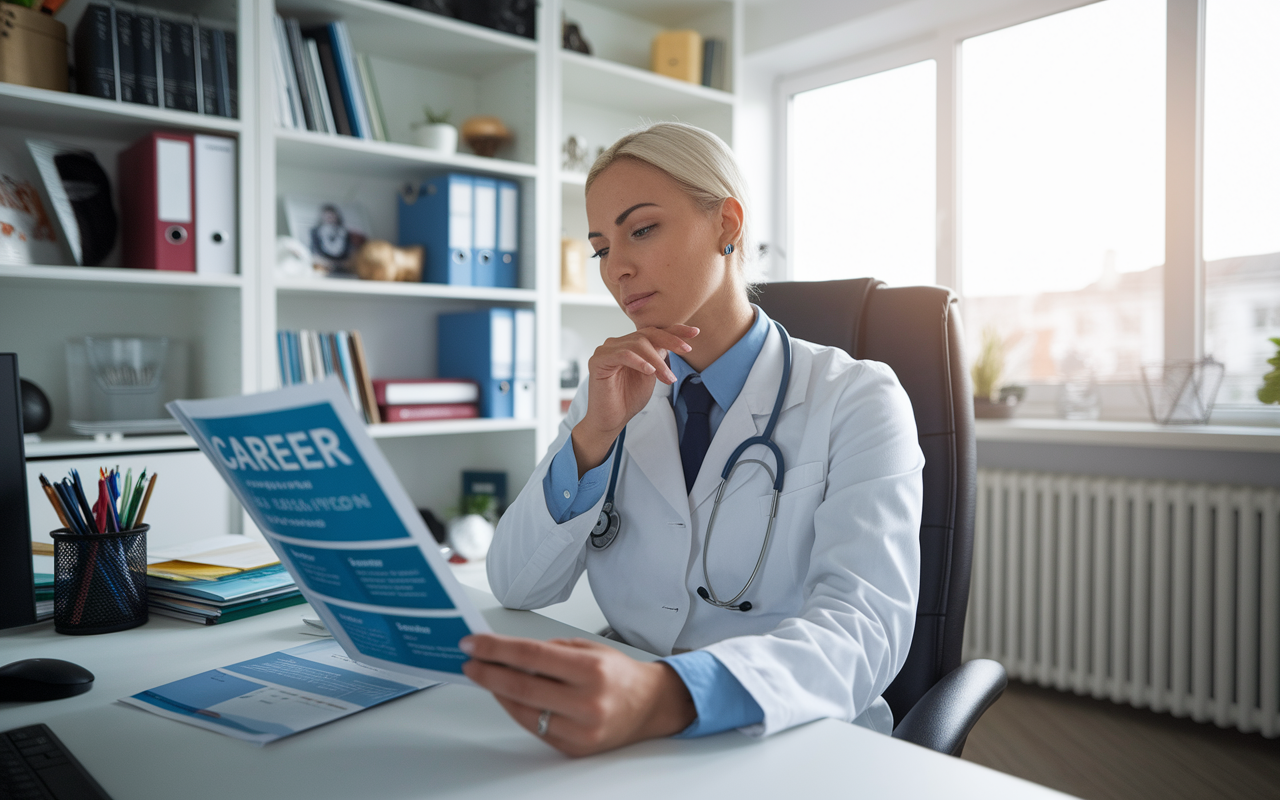 A medical professional sitting in a thoughtful pose at a desk in an office, looking at career guidance materials about medical specialties. The office is well-designed with personal items, books, and a window showcasing a bright day outside. The professional appears contemplative, symbolizing the reflection and decision-making process involved in career choices within medicine.