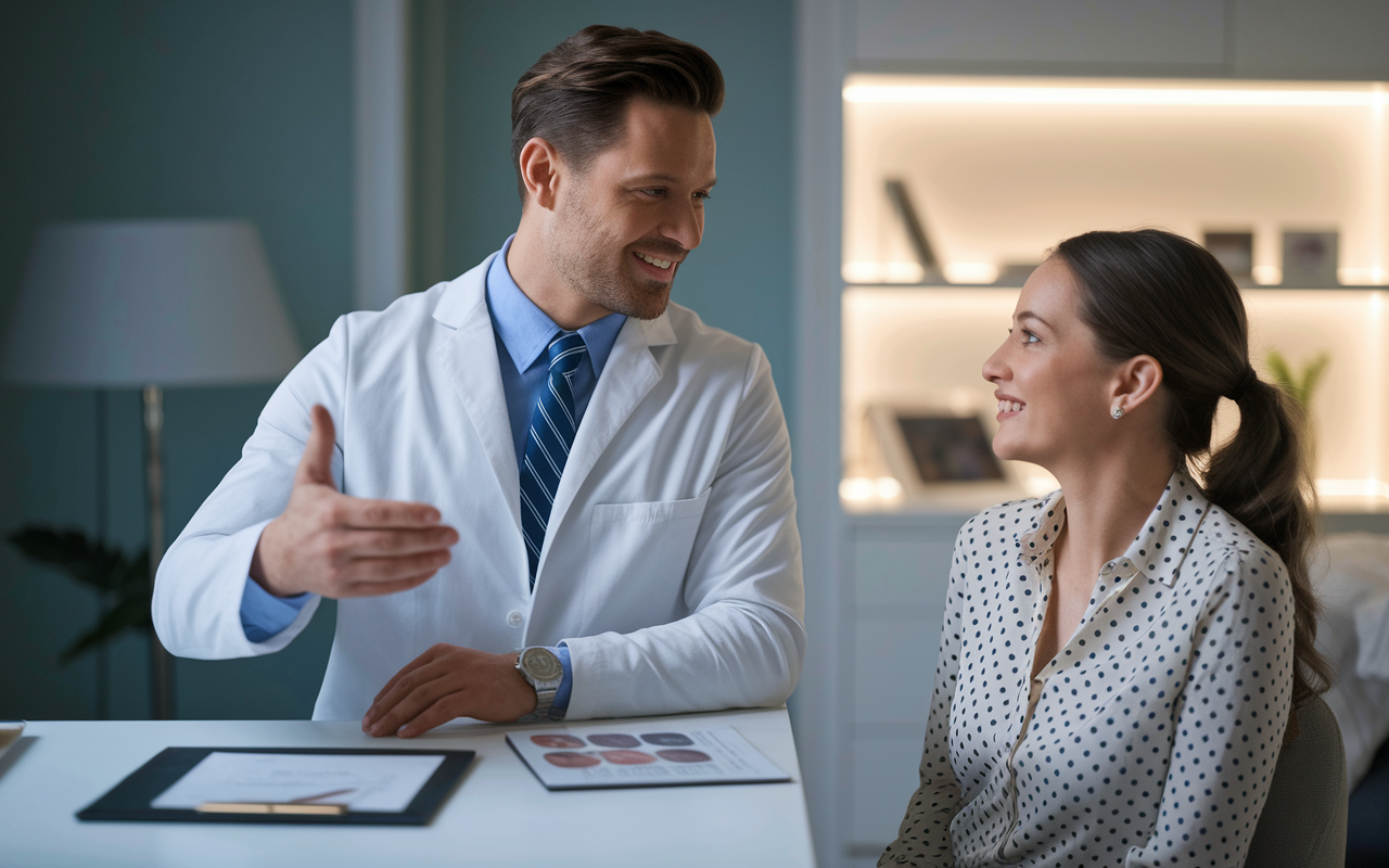 A plastic surgeon in a pristine office setting, engaging in a friendly conversation with a patient about cosmetic surgery options. The office has modern decor and calming lighting, creating a welcoming atmosphere. The surgeon, dressed professionally, gestures towards a pamphlet, while the patient, looking hopeful and curious, listens attentively. This scene captures the personal and transformative nature of plastic surgery.