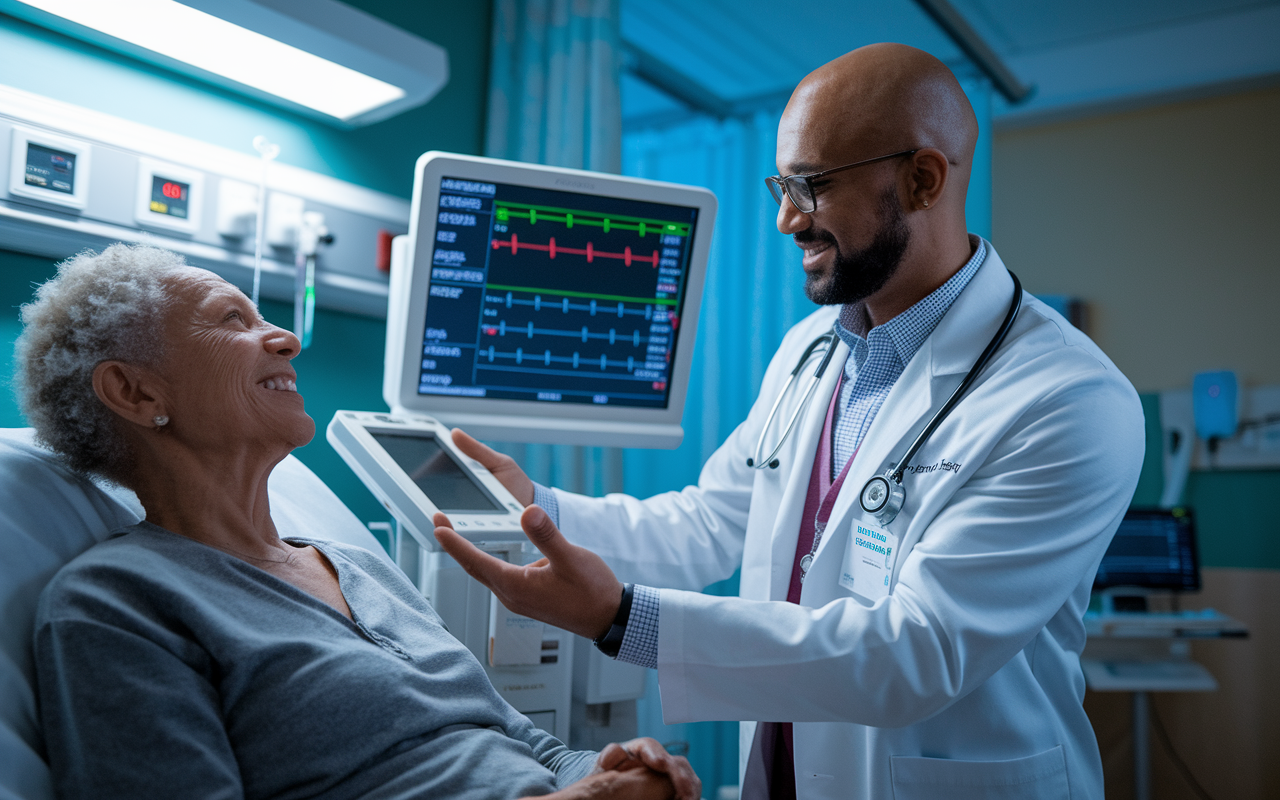 A cardiologist in a hospital room, using a digital monitor to check a patient's heart rate while discussing the importance of heart health. The room is equipped with advanced medical technology and soothing ambient lighting. The doctor, appearing compassionate and knowledgeable, is engaging with an elderly patient who looks relieved and supported. This scene emphasizes the critical role of cardiology in healthcare.