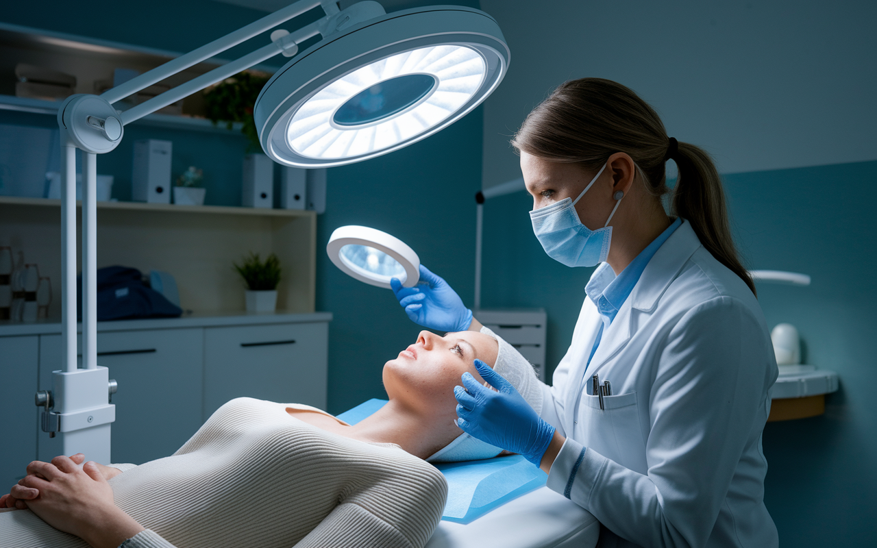 A dermatologist examining a patient's skin under a bright examination light, equipped with a magnifying glass. The clinic is clean and modern, with calming colors and comfortable furnishings. The doctor, attentive and professional, communicates with the patient, who appears reassured and engaged in the consultation. This scene illustrates the delicate and personal nature of dermatological care.