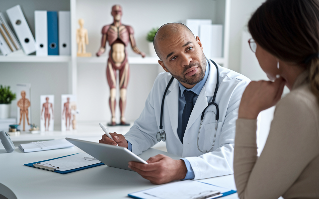 A gastroenterologist in a consultative setting, reviewing test results with a patient on a tablet. The office is equipped with anatomical models and medical literature, creating an informative environment. The doctor, appearing attentive and empathetic, interacts with the patient, who expresses concern yet shows interest in the treatment plan. This scene showcases the importance of patient education in gastroenterology.