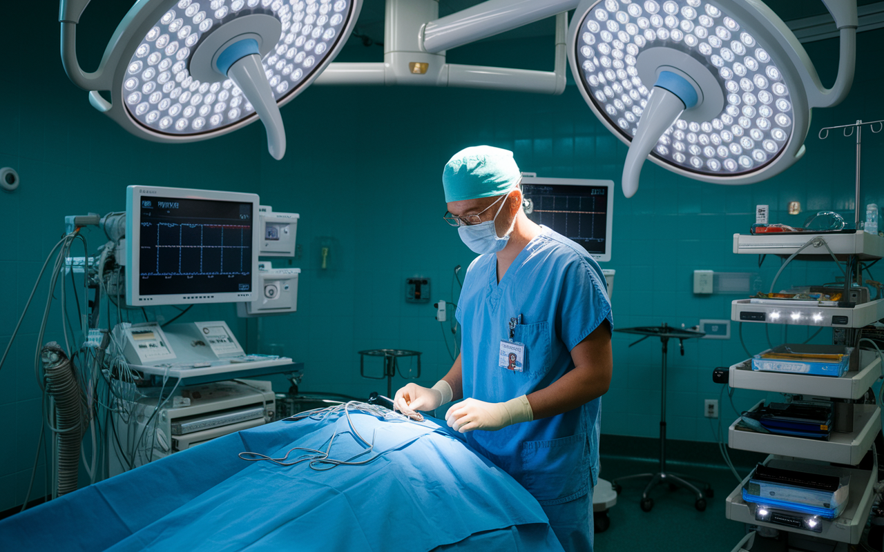 An anesthesiologist in an operating theater, preparing anesthesia equipment before a surgical procedure. The room is filled with advanced medical devices and bright surgical lights. The anesthesiologist, wearing scrubs and a surgical mask, checks the monitors while focusing on ensuring patient safety. This scene embodies the critical and precise nature of anesthesiology.