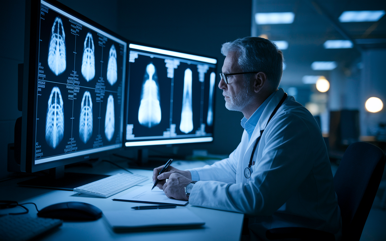 A radiologist in a modern office, reviewing CT scans and X-rays on large screens. The room is dimly lit with focused lighting on the monitors, creating a contemplative atmosphere. The radiologist, deeply engaged in analysis, takes notes while examining the images, highlighting the analytical nature of radiology in patient care.