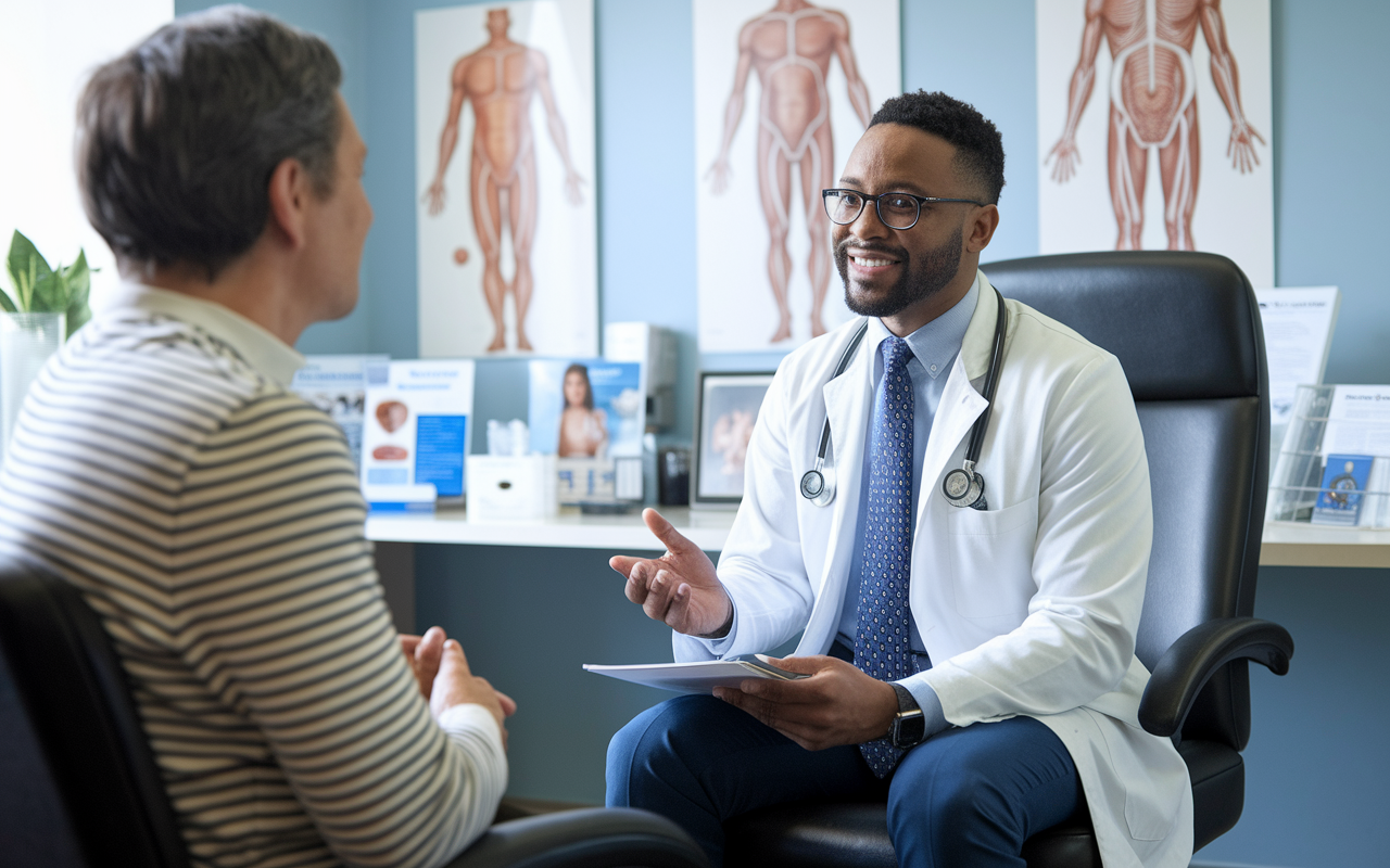 A urologist sitting across from a patient in a comfortable office environment, discussing health concerns related to urological conditions. The office is well-organized, with anatomical posters and pamphlets visible. The doctor appears supportive and engaging, addressing the patient's questions, thus capturing the patient-centered nature of urology.