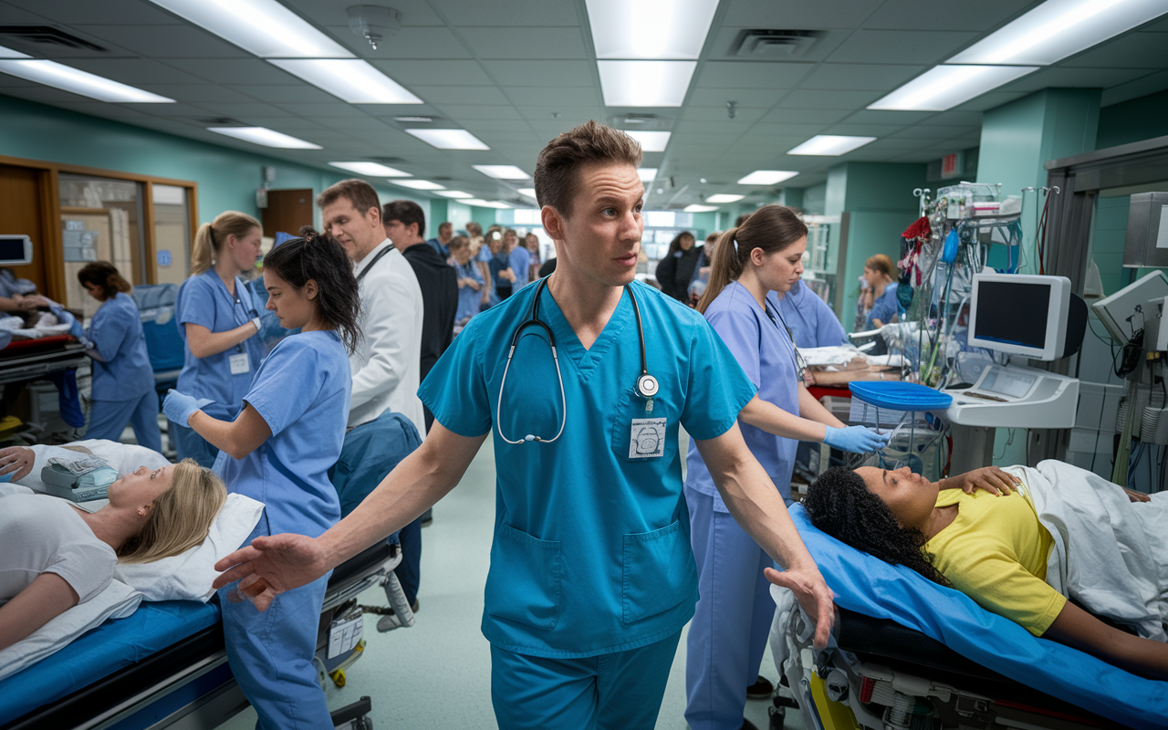 An emergency medicine physician in a busy hospital emergency room, attending to multiple patients. The chaotic yet organized environment displays a range of emergency care being administered. The physician, wearing scrubs and an expression of urgency, communicates with nurses as they attend to patients, emphasizing the high-pressure and dynamic nature of emergency medicine.