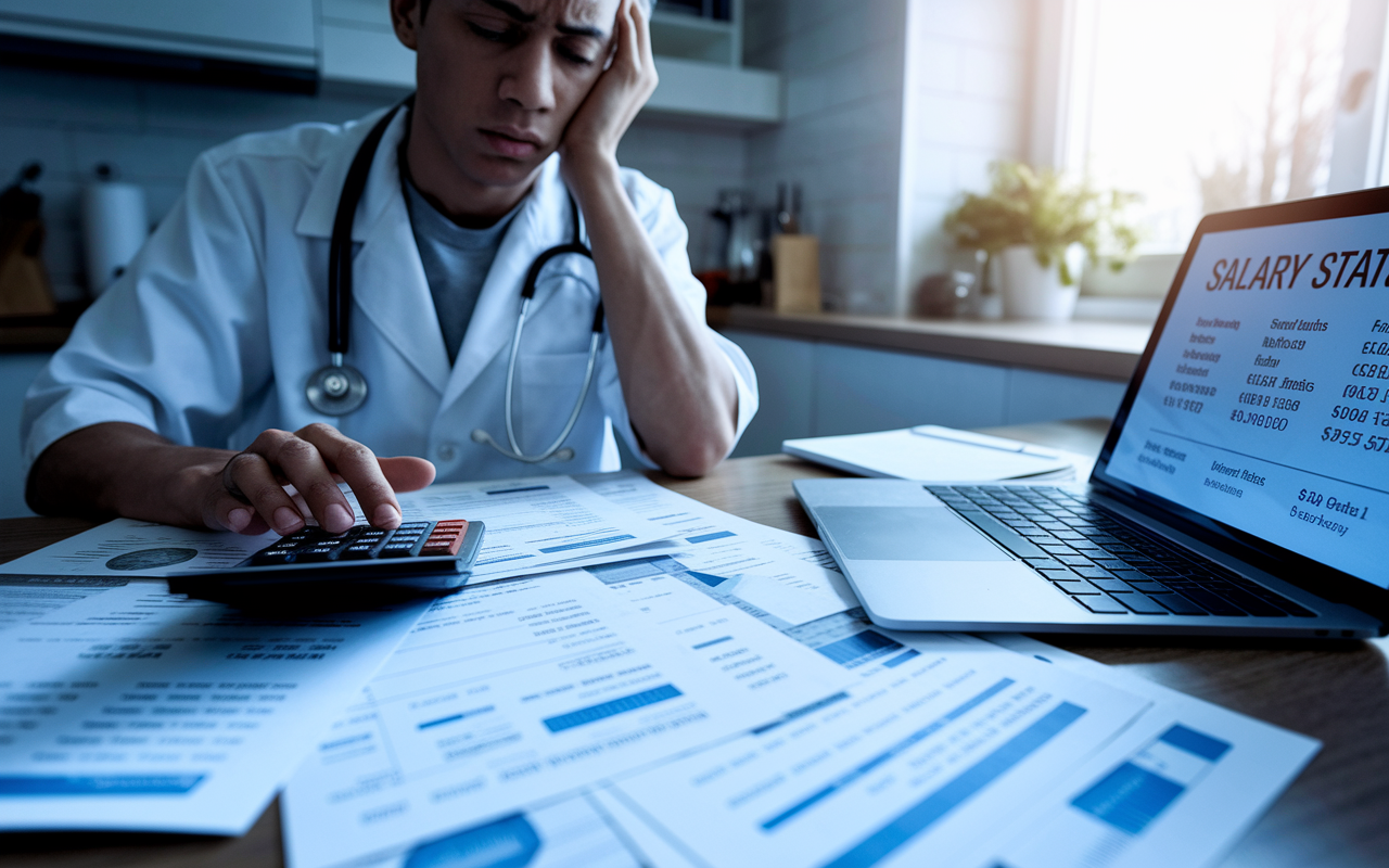 A close-up of a worried medical graduate sitting at a kitchen table with bills and student loan statements scattered around, a calculator in hand, and a laptop showing salary statistics of doctors. Soft light from a nearby window emphasizes the daunting financial challenges faced, with an emotion of concern and contemplation on the graduate's face.