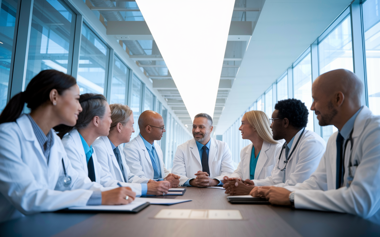 A visionary healthcare setting, depicting a diverse group of physician leaders gathered around a conference table, engaged in animated discussion about compensation strategies and patient care quality. Modern technology and innovative designs in the background showcase a forward-thinking medical environment. Bright, collaborative lighting enhances the sense of optimism and commitment to improvement.