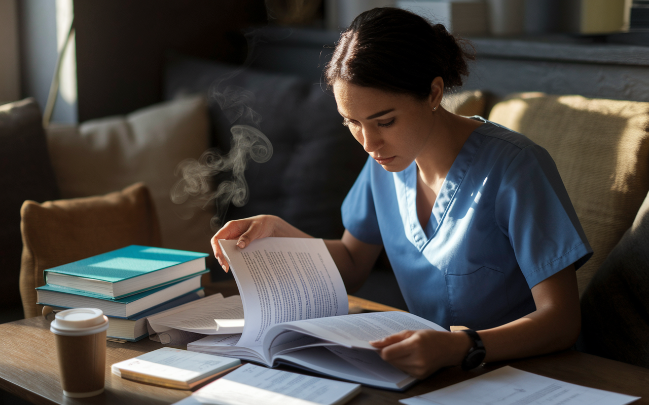 A focused nurse surrounded by textbooks and study materials in a cozy, well-lit study space. She is engaged in reading complex medical texts, with notes scattered around her. A coffee cup sits near her, steam rising, symbolizing late-night study sessions. Warm, inviting lighting casts soft shadows, creating an atmosphere of dedication and ambition. She exhibits a determined expression, embodying the spirit of transformation and growth.