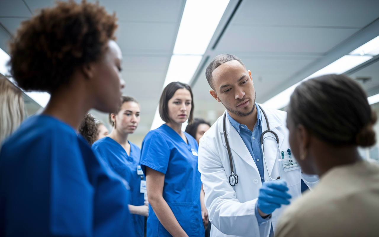 A scene that captures a nurse observing a physician in a bustling hospital clinic. The nurse is attentively watching as the physician interacts with a patient, demonstrating diagnostic skills. Bright overhead lights illuminate the room, and other healthcare professionals are seen collaborating in the background. This image conveys the hustle of healthcare and the professional growth through hands-on experience and observation.