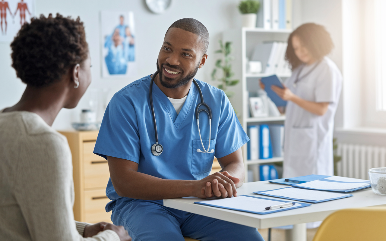 A dynamic scene depicting a physician in scrubs engaging with a patient in a clinical setting. The physician listens attentively, using empathetic body language, while the patient shares their concerns. A bright and welcoming room is filled with medical charts and equipment, highlighting the essence of clinical rotations. The atmosphere conveys warmth, compassion, and professionalism, embodying the core values of patient-centered care.