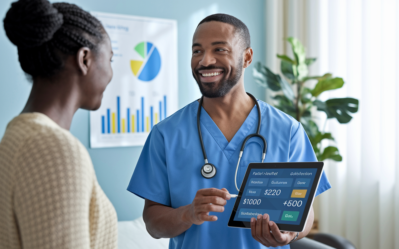 A clinical scene showing a physician interacting with a patient in a bright, welcoming examination room. The physician smiles as they discuss a digital tablet displaying patient health outcomes and satisfaction scores. Elements like a chart or infographic highlighting quality metric improvements in the background add context. Bright, natural lighting creates an inviting atmosphere that emphasizes patient-focused care.