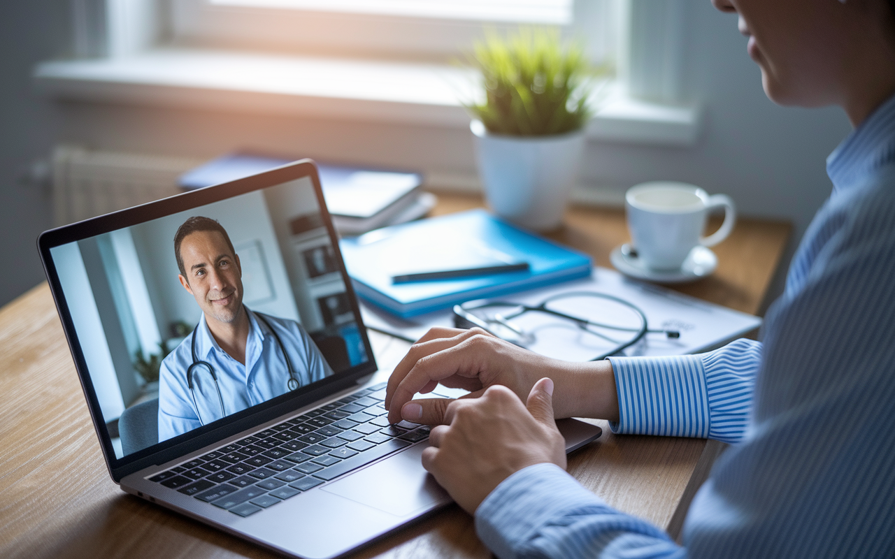 A split-scene image depicting a busy home office where a physician is conducting a telehealth consultation on a laptop. The screen shows a patient with a caring expression. In the background, visual elements like medical books and telehealth service brochures highlight the evolving landscape of healthcare. Soft lighting creates a focused, modern work environment.