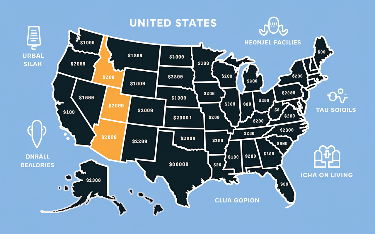 An illustrated map depicting the United States with highlighted regions in different colors indicating physician salary ranges. Icons representing urban and rural healthcare facilities are scattered throughout. The map should emphasize disparities and the balance of high salaries versus cost of living. Bright colors and clear labels enhance clarity and engagement.