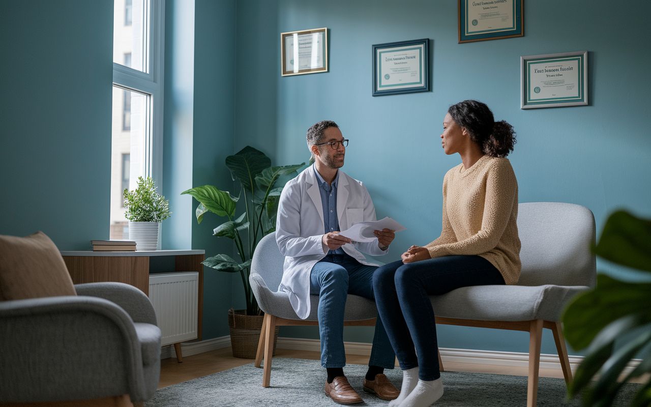 A thoughtful physician engaging with a patient about mental health in a cozy, safe environment, like a serene therapy room. Visual elements like certificates of completion for mental health training on the wall embed significance. Use gentle lighting to create a calming atmosphere, with soft colors to reflect a commitment to mental health advocacy.