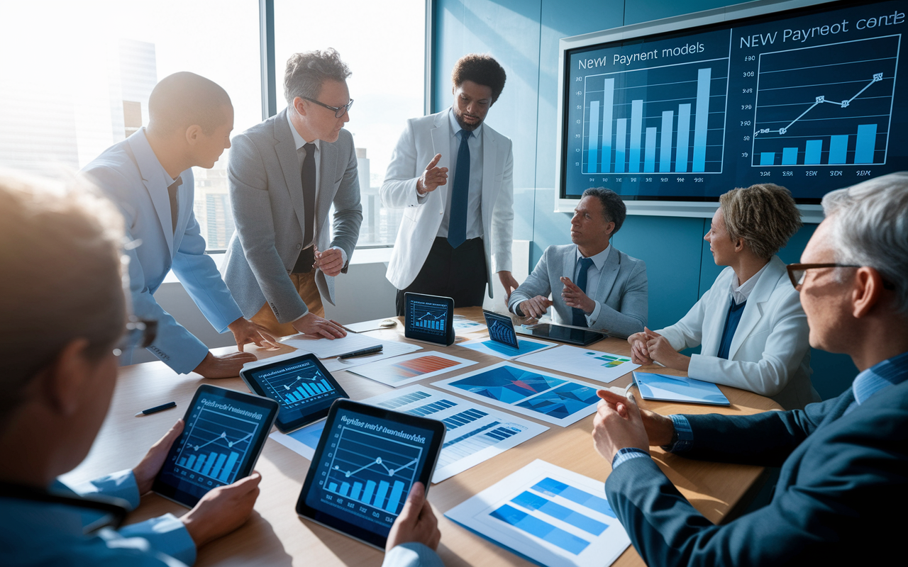 A busy meeting room with a group of healthcare administrators discussing charts and proposals related to new payment models. Elements like tablets with data visualizations and charts on the smartboard provide context. Bright overhead lighting highlights the importance of the discussion, creating an atmosphere of anticipation and strategy.