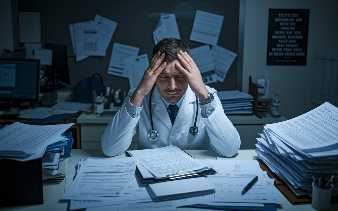 A physician at a desk inundated with paperwork and administrative tasks, looking stressed but determined. The background includes a cluttered office, showcasing a juxtaposition of patient care materials and administrative forms. Dim lighting enhances the weight of the workload, while a motivational poster on the wall hints at perseverance.