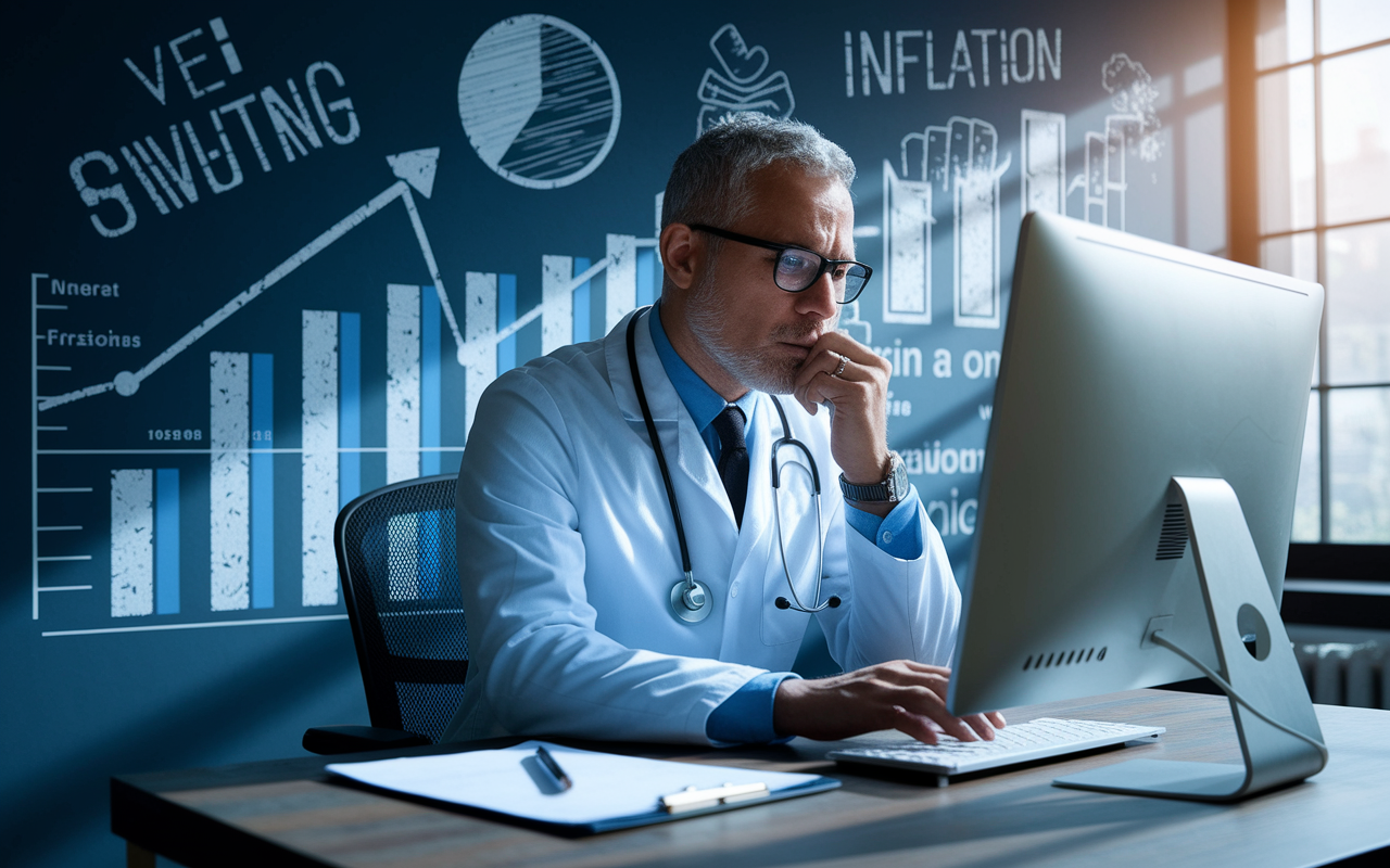 A contrast scene showing a physician analyzing economic reports on a computer with expressions of concern over rising costs. In the background, symbols of inflation such as news clippings or graphs illustrate ongoing economic challenges. Natural lighting streaming in through a window adds balanced tension to the atmosphere.