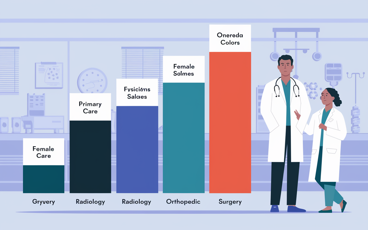 A visual representation of a bar graph comparing average salaries of male and female physicians across various specialties. The graph highlights primary care, radiology, and orthopedic surgery, with female physicians' salaries shown in contrasting colors, emphasizing the disparities. The background features a healthcare environment with medical equipment, subtly highlighting the topic of gender pay gaps in medicine.