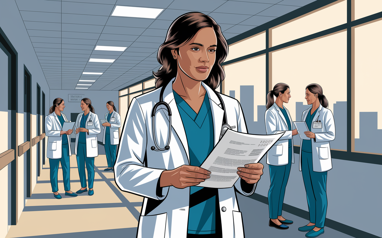 An illustration of Dr. Jane Smith, a female orthopedic surgeon, standing confidently in a hospital corridor, reviewing papers with salary figures. Her professional attire reflects determination, and her expression shows a mix of resolve and contemplation. Behind her, colleagues interact, highlighting subtle cues about the workplace culture. Bright natural light filters through large windows, creating an empowering atmosphere.