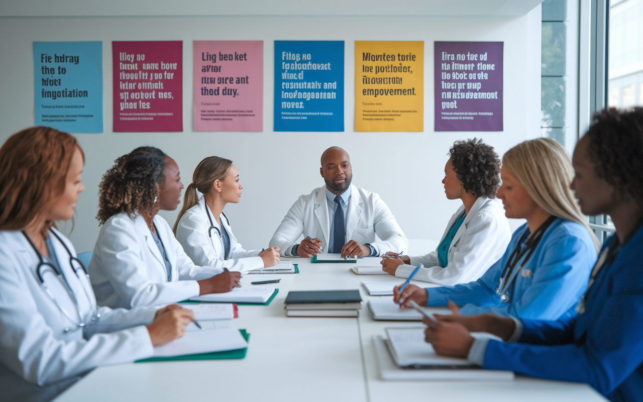 A group of diverse female physicians in a conference room participating in a leadership workshop. They are engaged in discussions, taking notes, and interacting with a male mentor guiding them on negotiation skills. The room is bright and modern, filled with inspirational posters about leadership and empowerment, fostering a sense of camaraderie and encouragement among the participants.