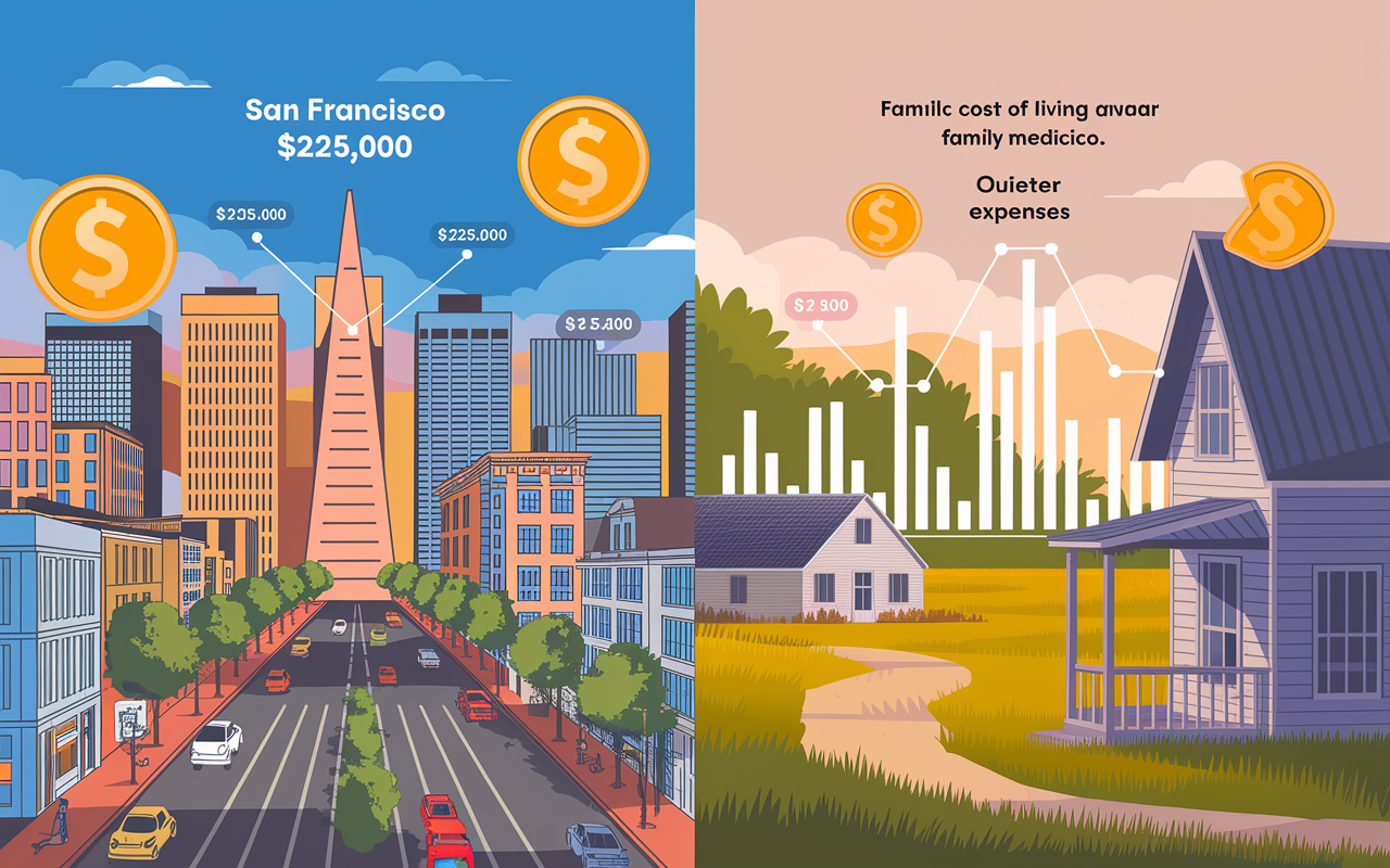 A split-screen visual comparing urban landscapes of San Francisco and a small town in the Midwest. On the left, San Francisco showcases tall modern buildings, vibrant city life, and a high salary indicator of $225,000 for family medicine, contrasted with a quieter rural scene on the right with lower housing prices. Overlaid are coins and cost of living graphs that visually depict the higher expenses in San Francisco. The lighting is bright and urban on the left, while the right presents a warm, pastoral ambience.