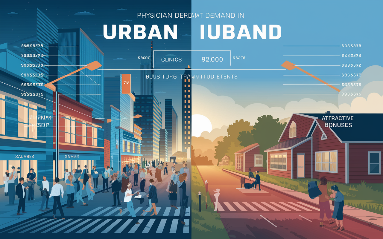 A dynamic chart depicting the contrast of physician demand in urban versus rural areas. The urban scene shows bustling clinics and many patients, with visual graphs indicating high salaries. The rural side contrasts with fewer clinics, wide open spaces, and attractive bonuses levels. The lighting effects show a busy active city on one side and a calm, rustic charm on the other, emphasizing the differences in demand and compensation.