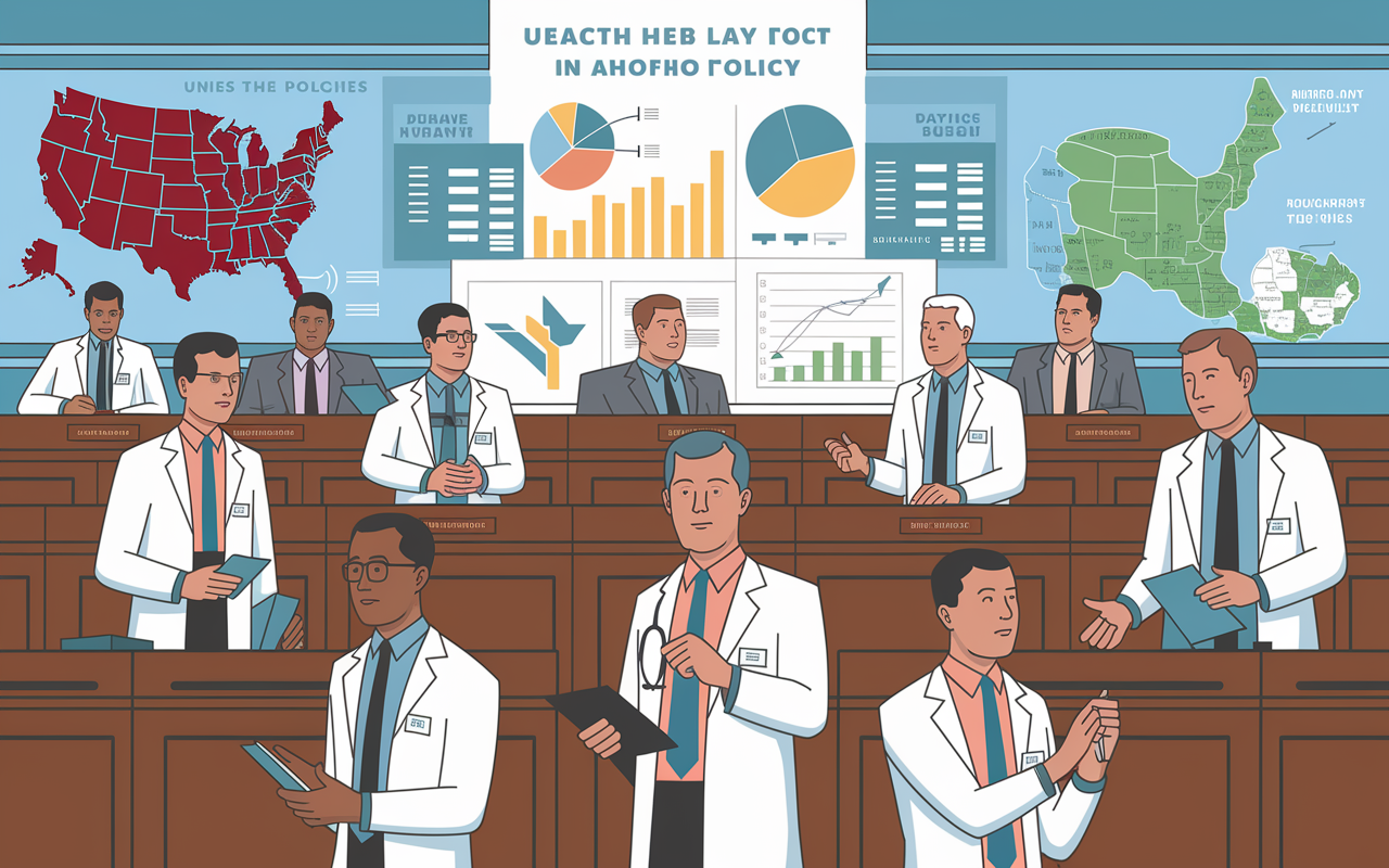 An illustrative scene depicting a busy legislative building where healthcare policy discussions are taking place. Doctors and lawmakers are shown engaged in conversations, with charts showing higher pay rates in states with favorable regulations. The lighting is bright and hopeful, symbolizing positive outcomes in healthcare policy. In the backdrop, you can see a map of the United States highlighting states like Texas where policies lead to higher salaries.