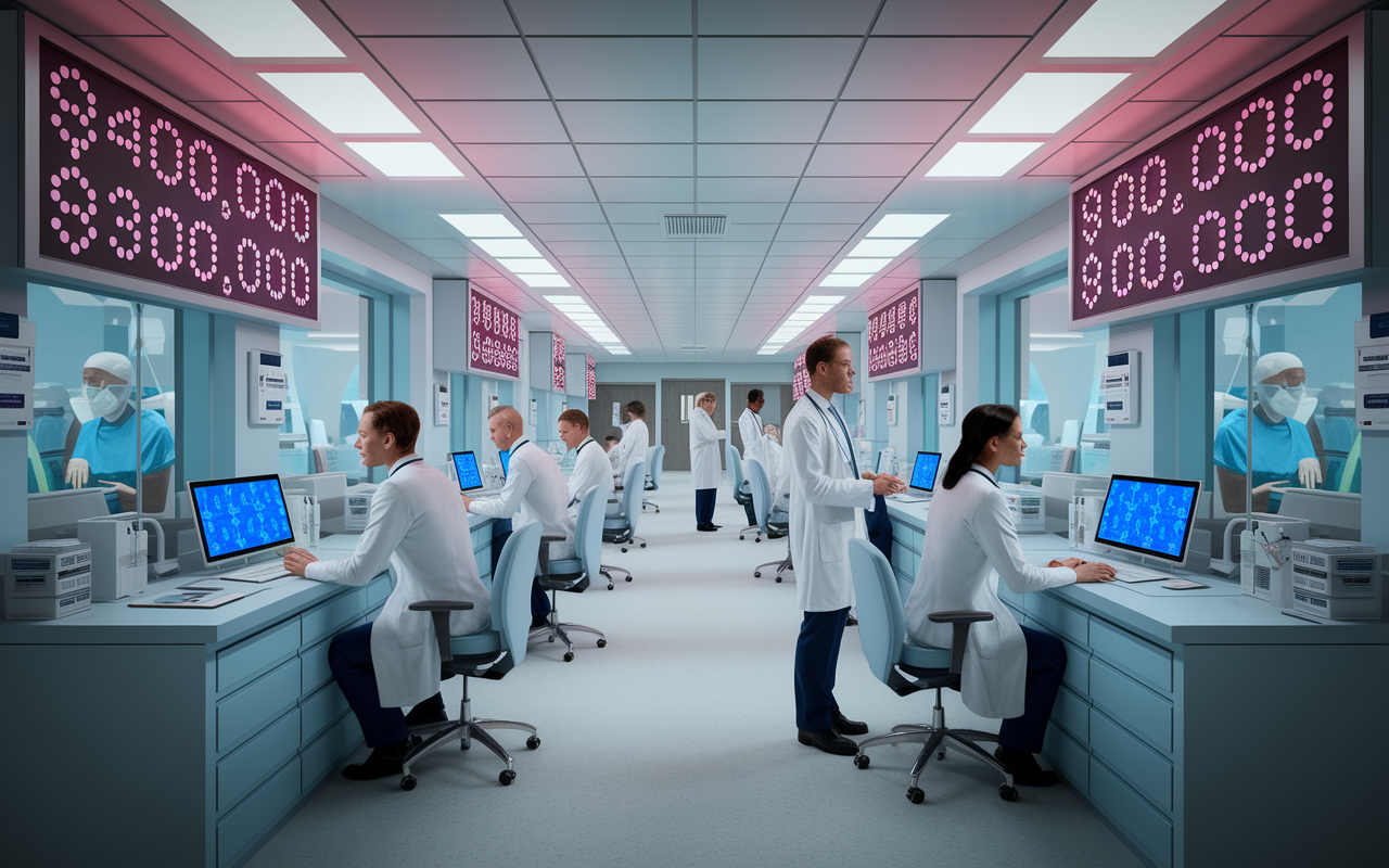 A detailed representation of a cardiology unit showing a patient interaction in a bustling urban hospital. Cardiologists are seen consulting with patients, with bright LED indicators showcasing different salary rates based on regional demand – $400,000 in Boston versus $300,000 in smaller towns. The environment is high-tech and optimistic, emphasizing the importance of specialized care in urban healthcare settings.