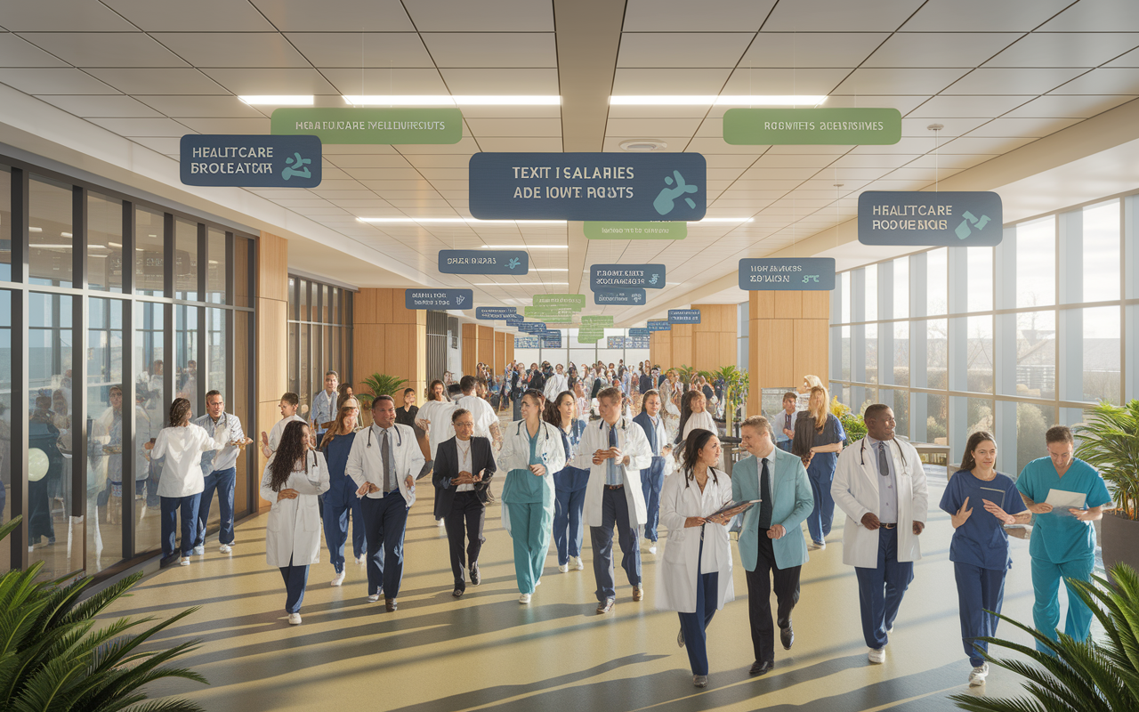 A panoramic view of a modern Texas hospital bustling with activity, showcasing a diverse group of healthcare professionals working together. The atmosphere is energetic with visuals of high salaries and growth indicators, reflecting Texas's reputation as a healthcare powerhouse. Bright, natural lighting flows into the scene, highlighting the welcoming environment.