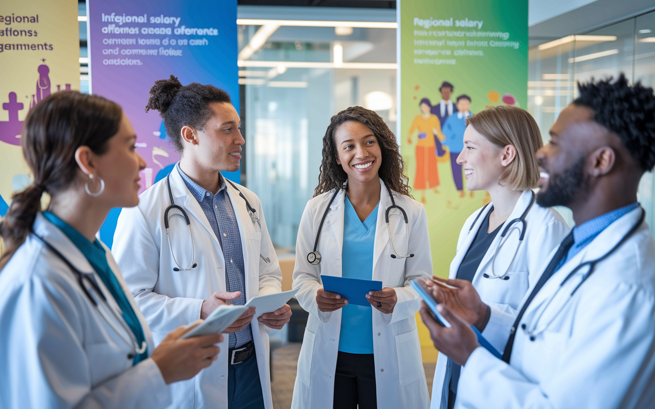 A hopeful scene showing a diverse group of physicians, male and female, of various ethnic backgrounds, discussing their career options in a modern office. Infographics about regional salary differences are visible in the background, with uplifting visuals portraying diverse lifestyles and community engagements. The lighting is warm and welcoming, embodying optimism for the future.